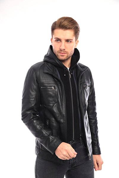 DeriWork Hakiki Kuzu Derisi Fermuarlı Kışlık Suya Dayanıklı Kapüşonlu Erkek C...