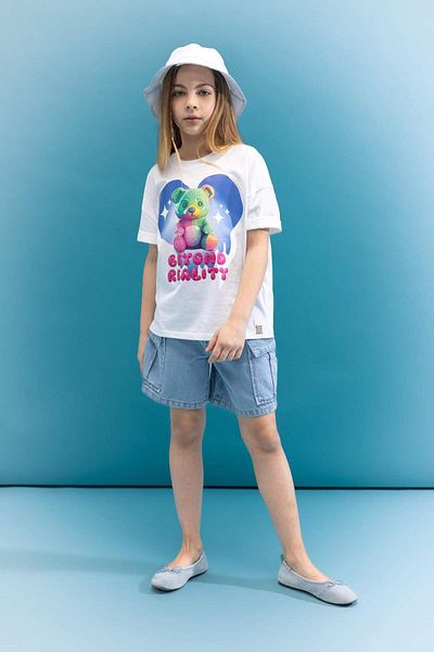 DeFacto Tricou cu mânecă scurtă, cu mânecă scurtă, imprimat 3d, cu decolteu lat, pentru fete C5464a824sm