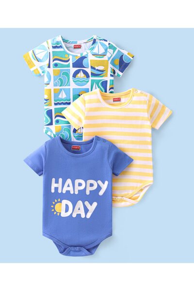 Babyhug بيبي هاج، طقم من 3 قطع، نصف كم، قطن 100%، مطبوع عليه نص، أخضر وأصفر و...