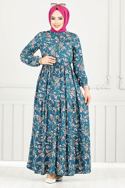 ModaMerve Rochie din viscoză cu model crocant 7122BGS895-M Petrol