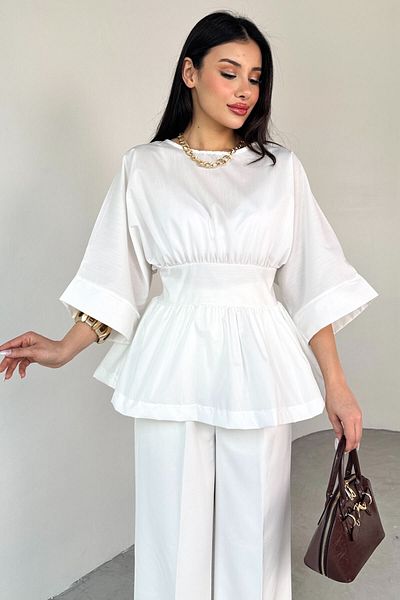 Cappmoda BLZ-06285 Λευκή στρογγυλή λαιμόκοψη με διπλό μανίκι με φερμουάρ στο πλάι πλισέ μπλούζα