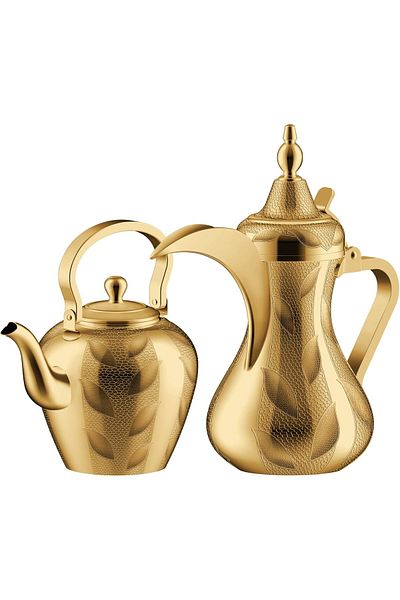 ALSAIF Taima 2-pieces Stainless Steel Arabic Coffee Dallah And Tea Kettle Set,colour: Gold