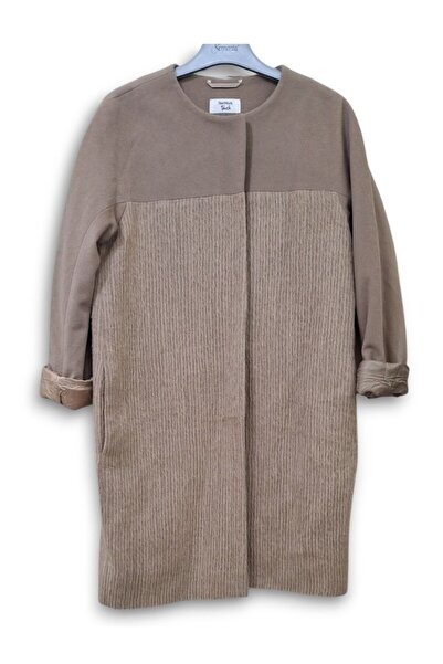 KLASTARZ S KAŞMİR YÜN KARIŞIM DOKUMA DETAYLI BEJ / VİZON BOL-RAHAT-DÜZ KESİM ...