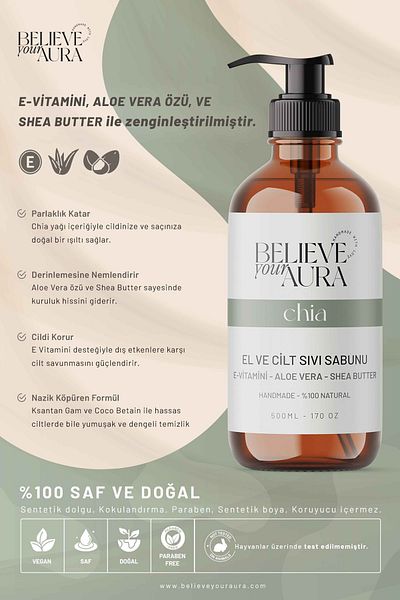 Believe Your Aura Hand and Skin Soap - Nartik E-Vitamin Aloe Vera Shea Butter Added 500ml