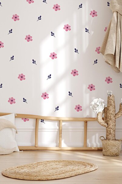 MSticker Soft Renklerde Pembe Çiçekler ve Yapraklar Dekoratif Sticker Seti Du...