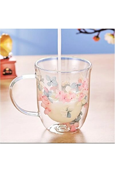 ECARLA Dried flower mug, double walled, borosilicate glass, thermal insulation, hydrangea, 300 ml
