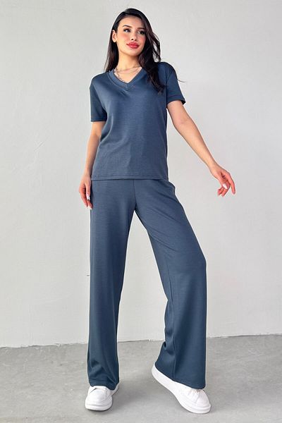 Cappmoda Tkm-13261 Smoked V-Neck T-Shirt High Waist Loose Pants Two-Piece Set