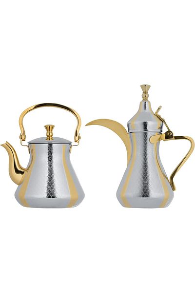 ALSAIF Lwsil Coffee Bowl And Teapot Set Is Made Of S/s And Featuring A Comfortable Handle, Chrome/gold