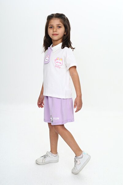 Toontoy Girl's Polo Neck Chest Printed Shorts Suit