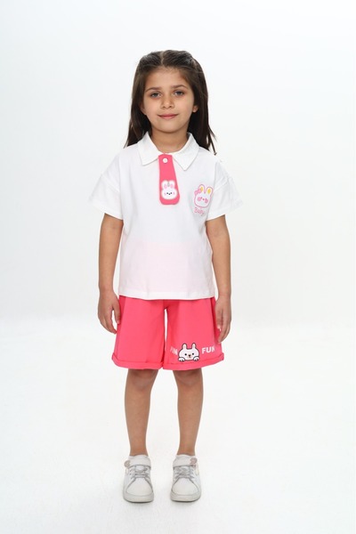 Toontoy Girl's Polo Neck Chest Printed Shorts Suit