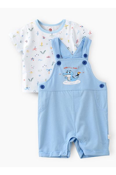 Basicxx Boys' Light Blue Cotton Romper & Printed T Shirt Set