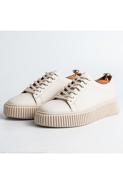 TETRİ Montrax Model Real Leather Handmade Men's Beige Sneakers Shoes