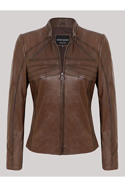 DeriWork Hakiki Kuzu Derisi Fermuarlı İşlemeli Kadın Ceket Taba