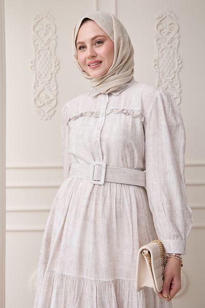 InStyle Ecru Viscose Dress with Ruffled Placket