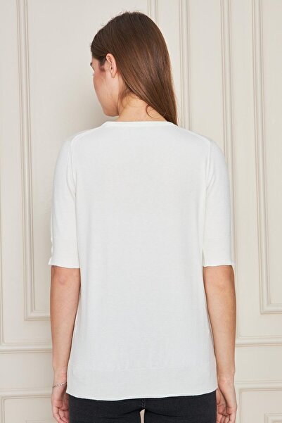 Irmak Kerekli Women's Ecru Crew Neck Snap Fastener Short Sleeve Knitwear Blouse 1070