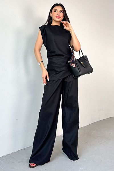Cappmoda Tkm-13260 Black Asymmetrical Cut Pleat Detailed Blouse Loose Trousers Double Set
