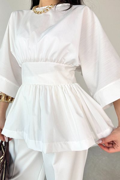 Cappmoda BLZ-06285 Λευκή στρογγυλή λαιμόκοψη με διπλό μανίκι με φερμουάρ στο πλάι πλισέ μπλούζα