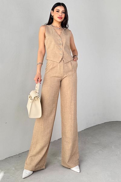 Cappmoda TKM-13266 Μινκ λινό ασημί γιλέκο με κουμπιά ψηλόμεσο παντελόνι Σετ δύο τεμαχίων