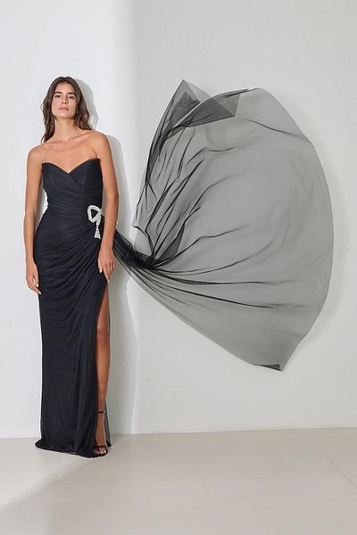 Setre Black Full Molded Waist Bow and Tulle Detailed Slit Long Evening Dress