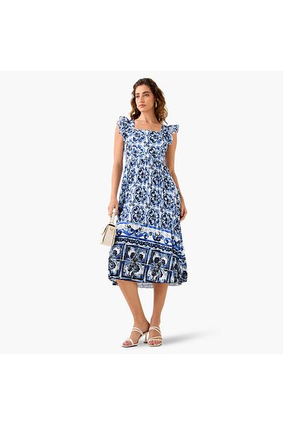 FAV Pleated Midi Dress with Ruffle Sleeves