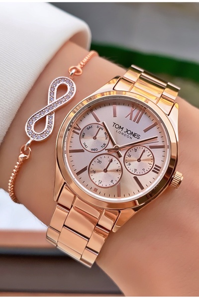 Tom Jones Rose Gold Kadın Kol Saati - Taşlı Hediye Sonsuzluk Bileklikli