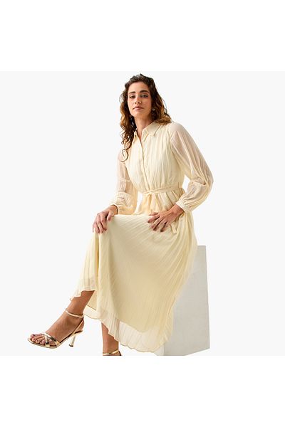FAV فستان ميدي مطوي مع ياقة وحزام ربط