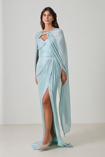 Setre Mint Evening Dress with Cape and Drape Detail