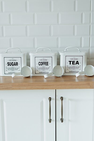 Dekorzdükkan Set of 3 Galvanized Corner Model Tea-Sugar-Coffee Jar (with Shovel)