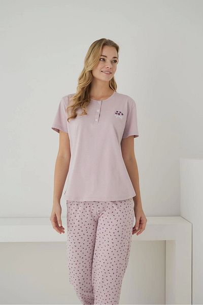 Pijamoni Single Jersey Fabric Button Collar Short Sleeve Pink Pajama Set - 2552