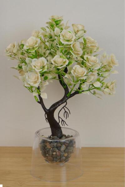 Digithome Dekoratif Çift Cidarlı Saksıda Yapraklı Gül 30cm Beyaz EVA-5863