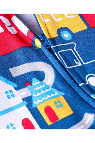 Babyhug Babyhug Cotton Knit Full Sleeves Footed Sleep Suit With Vehicle Print - Blue