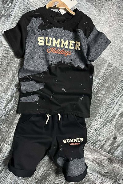 Riccotarz Boy's Summer Summer Printed Black Shorts Suit with Pocket and Rope Detail