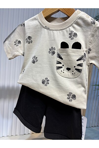 Canbi Kids Baby Boy Cotton Cat Paw Printed T-Shirt Black Shorts Combed Cotton Set of 2