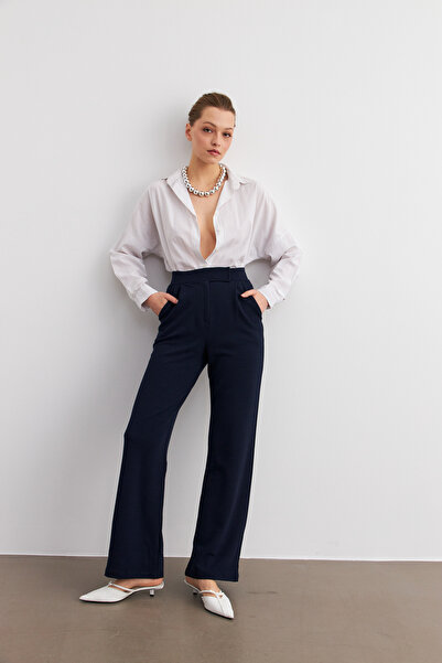 Trendseninle Kadın Lacivert Likralı Cırt Kapamalı Palazzo Pantolon