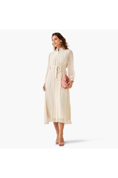 FAV Pleated Midi Dress with Collar and Tie-Up Belt