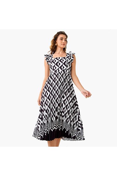 FAV Pleated Midi Dress with Ruffle Sleeves
