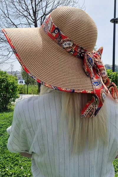 Mood Agenda Women's Wide Brim Paisley Scarf Detailed Straw Beach Hat