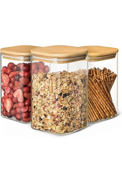 Kuka Glass Storage Container with Bamboo Lid Large Size Set of 2 16X8X8 1000 ml