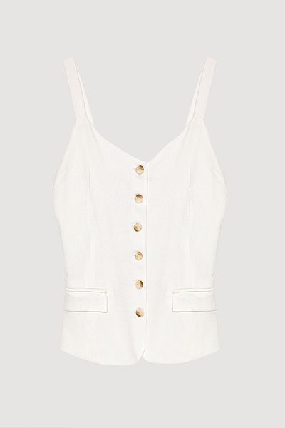 Quzu Pocket Flap Buttoned Straps Linen Blouse Ecru