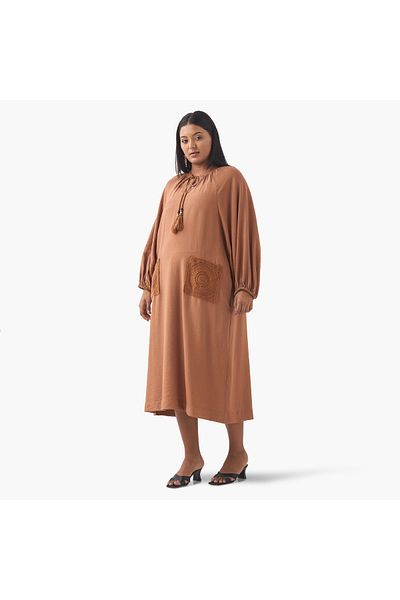 Ulla Popken Plus Size Ulla Popken Crochet Pocket Dress with Tie-Up Neck