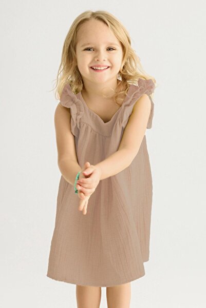 zepkids Κοριτσίστικο φόρεμα με τετράγωνο γιακά με κοντό μανίκι φαρδύ μπεζ χρώμα