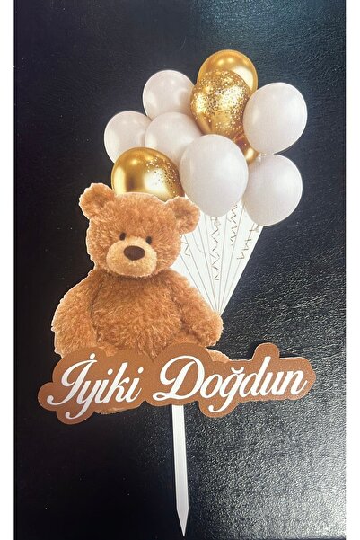 Party Partycom Ayıcıklı Balonlu Ahşap Pasta Süsü