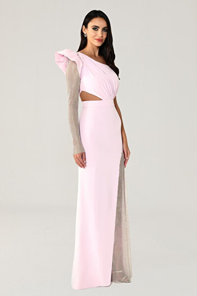 ALFABETA Kadın Tek Kolu Ve Yırtmacı Transparan Uzun Pembe Abiye & Mezuniyet Elbisesi Ab5918-pembe