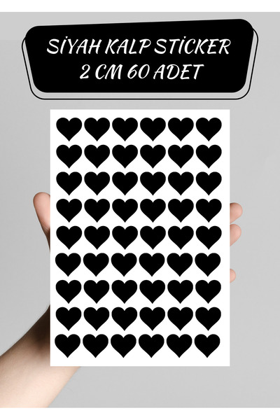 anka design Yapışkanlı Kalp Şekilli Siyah Sticker Etiket 60 Adet 2 Cm