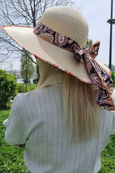 Mood Agenda Women's Wide Brim Paisley Scarf Detailed Straw Beach Hat