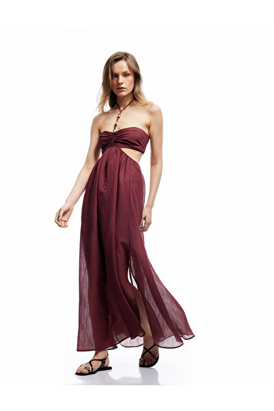 Koton Viskon Kumaş Pencere Detaylı Boyundan Bağlamalı İnce Askılı Uzun Elbise