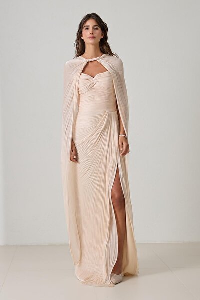 Setre Wide-Cut Evening Dress with Mink Cape and Drape Details