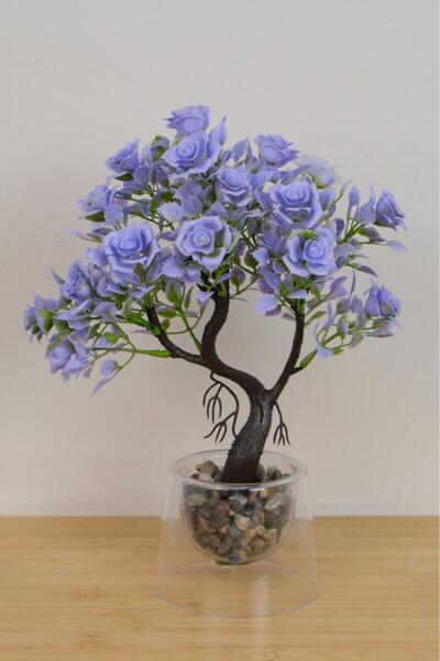 Digithome Dekoratif Çift Cidarlı Saksıda Yapraklı Gül 30cm Lila EVA-5863