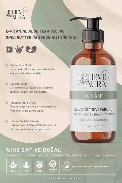 Believe Your Aura E-Vitamin Natural Liquid Soap with Aloe Vera Shea Butter - 500 ml