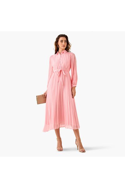 FAV Pleated Midi Dress with Collar and Tie-Up Belt